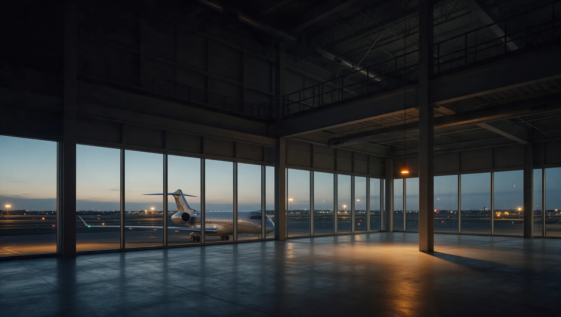 FBO lobby at dusk with a jet on the ramp
