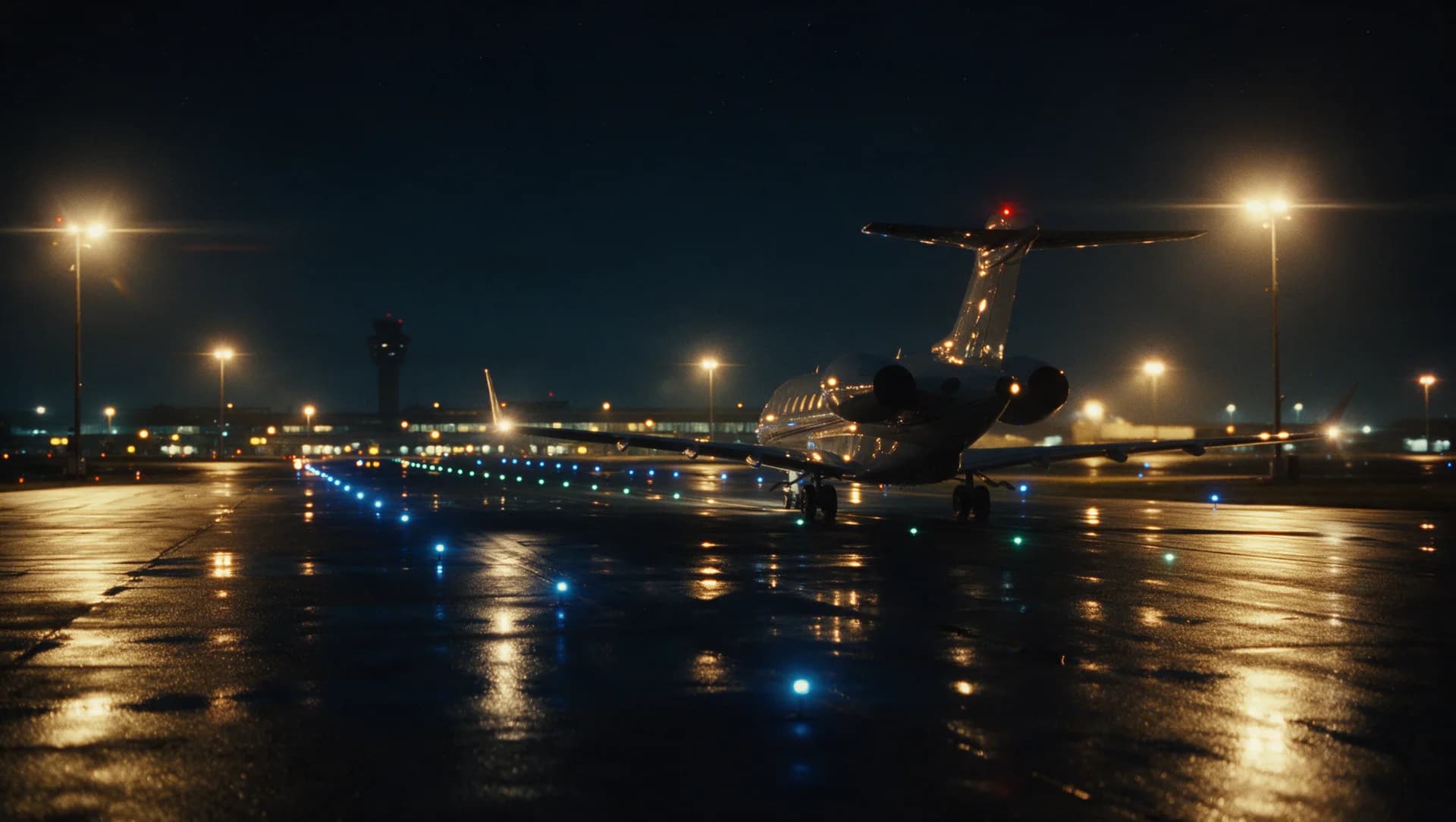 Jet taxiing at night under ramp lights
