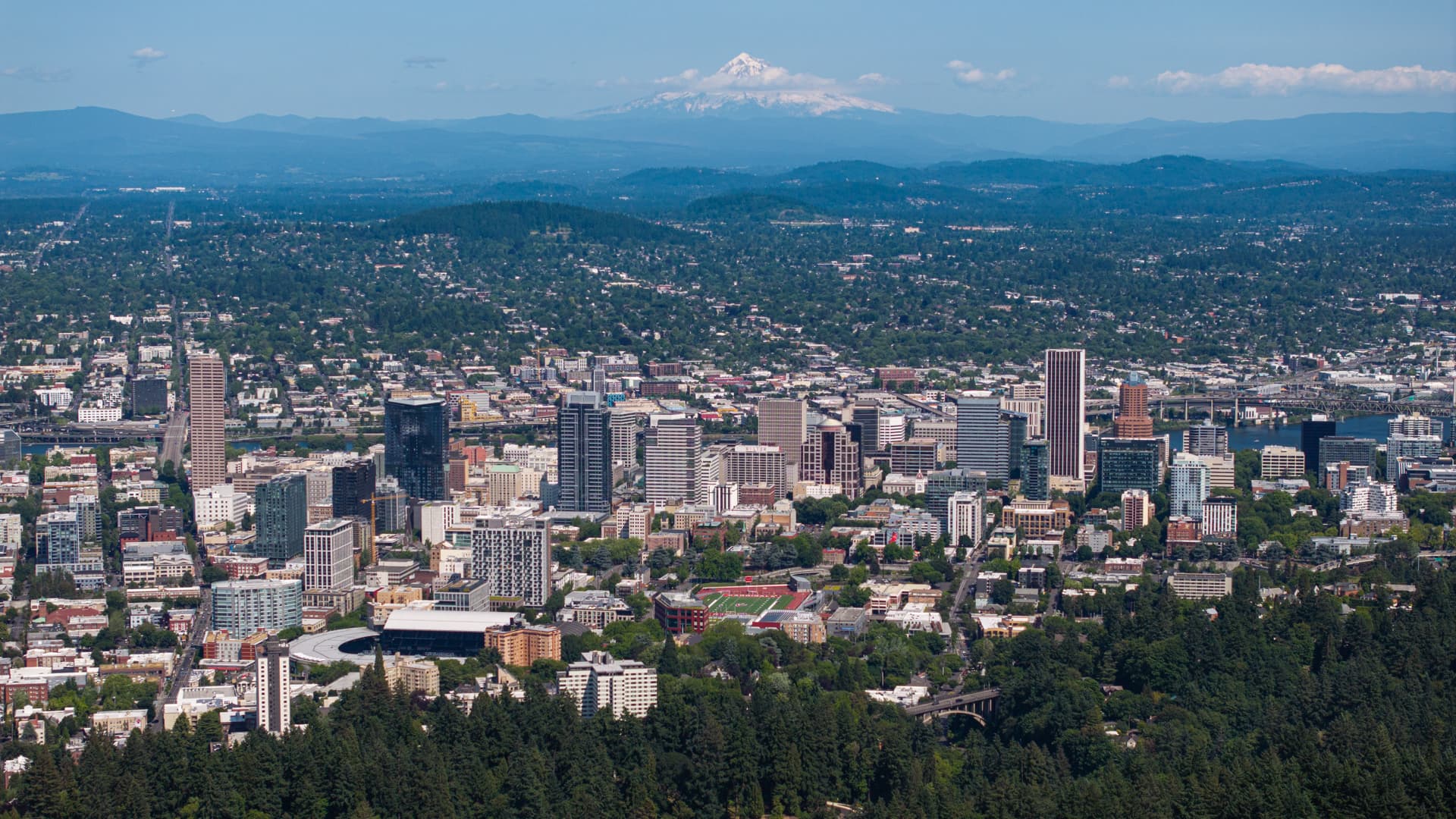 Portland, Oregon with Mount Hood on the horizon